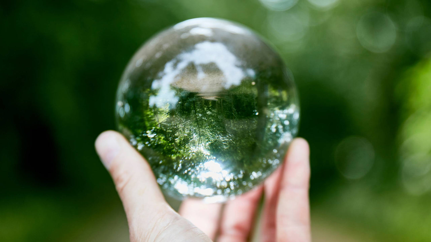 Bild av en hand som håller en genomskinlig kula där skogen runtomkring speglas i. Bilden föreställer en grön skog som ger en känsla av lugn och harmoni.