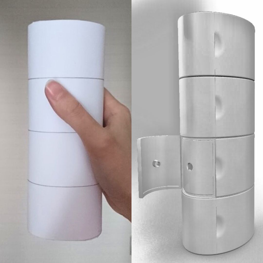 Bild på de första prototyperna för reseförpackningen. Till vänster en prototyp i papper och till höger en 3D-prototyp gjord i CAD - borgertdesign.se